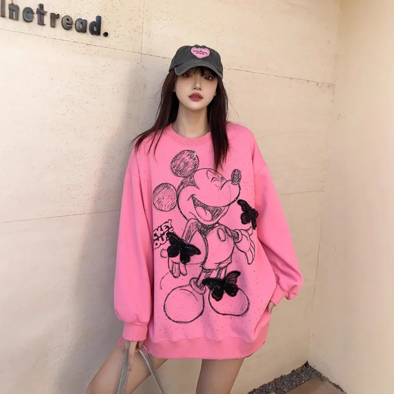 

Disney Cartoon Mickey Print Round Neck Hoodie For Women Korean Version Fashion Trend Casual Versatile Pullover Loose Niche Top