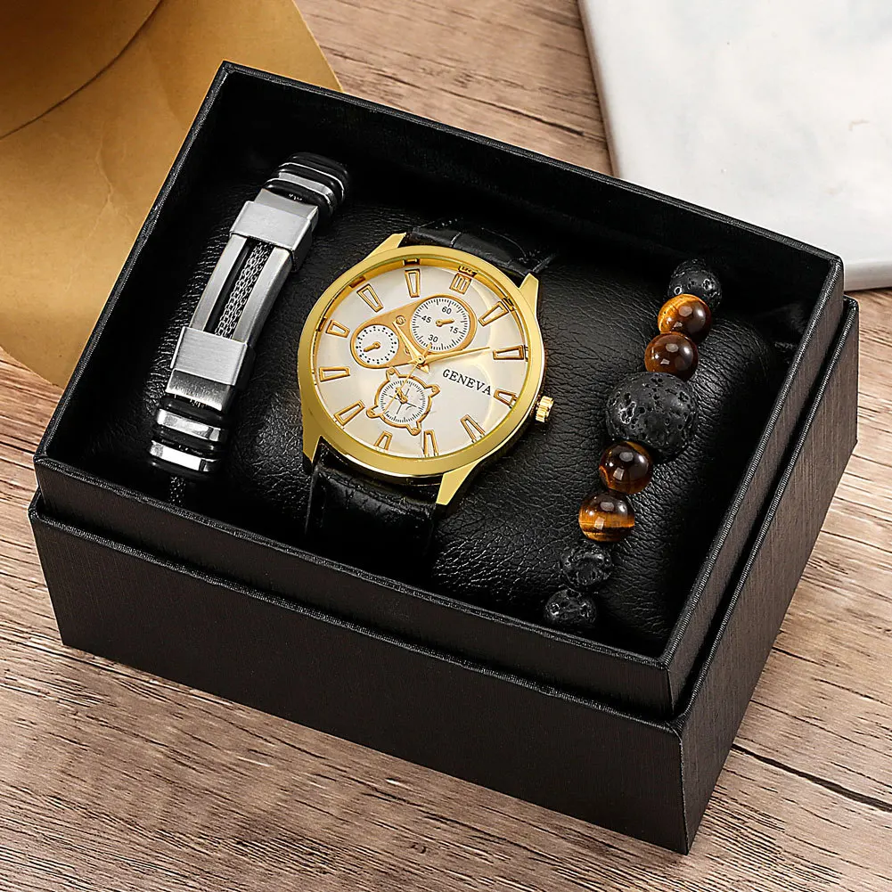 Men's Bracelet Watch Set Single Calendar Fake Three Eyes Canvas Quartz Watch+pu Bracelet Set Men's Watch