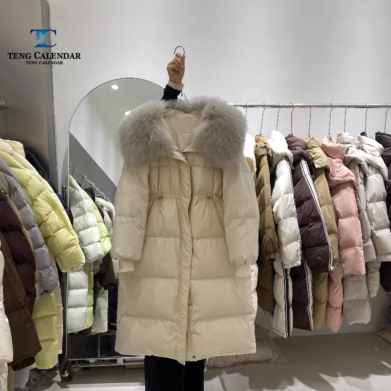 여우털 칼라 다운 재킷, 중간 길이 허리 조임 및 슬림핏 무릎 아래 두꺼운 재킷, 여성용 2025 겨울 신상