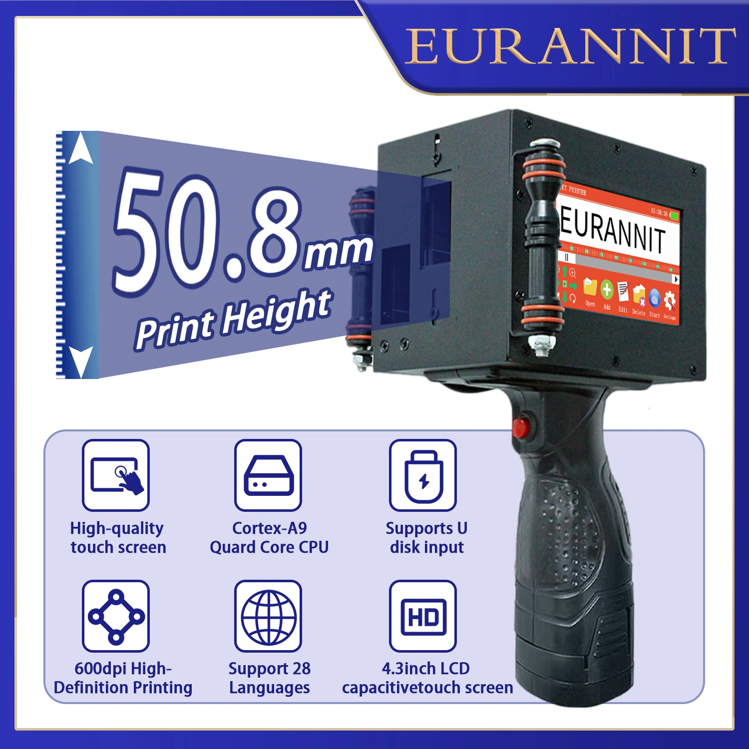 

EURANNIT Portable Handheld Inkjet Printer 50.8mm Large Character Coding Machine Date QR Code Logo Printing Gun for Multimaterial