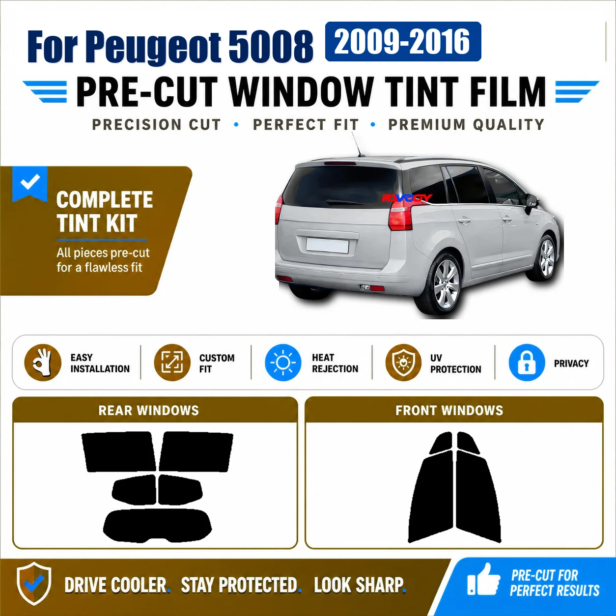 For Peugeot 5008 Pro-Grade Front Rear Side Window Precut Tint Film Anti-Glare Privacy Film