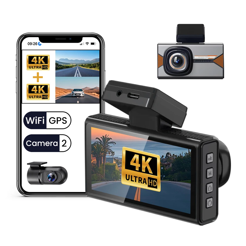 4K +4K 3Inch Dash Cam Dual Lens Ultra HD Real Car DVR Camera WIFI GPS APP Rear View Night Vision WDR Video Recorder 24H Parking