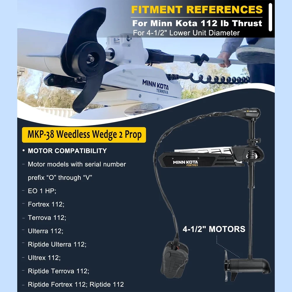 

MKP-38 Weedless Wedge 2 Prop For Minn Kota 112 lb Thrust 4-1/2" Motors, 1865023, 2341160, 1378160 Trolling Motor Prop
