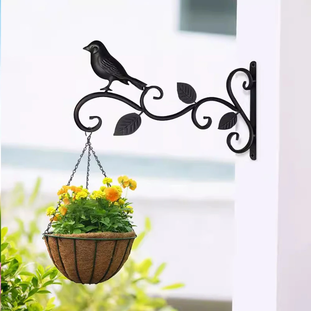 Wrought Iron Wall Mount Hanging Basket Bracket 2Pcs/Set 20KG(44LBS) Load Black Plant Flower Pot Holder Hook for Balcony Garden L