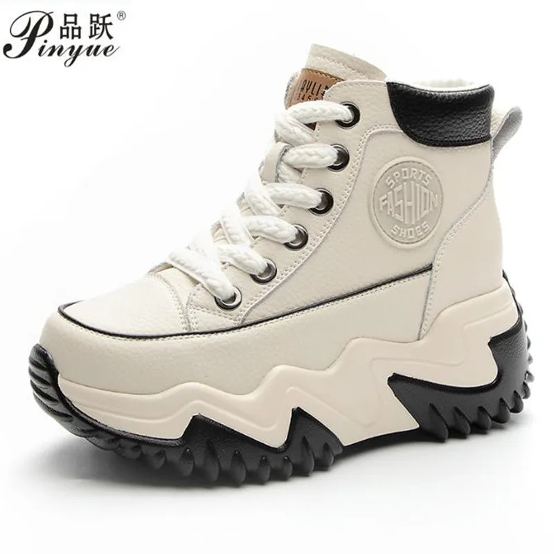 

7cm New Genuine Leather Women Casual Ankle Platform Wedge Chunky Sneakers Spring Autumn Fashion Shoes 33 40