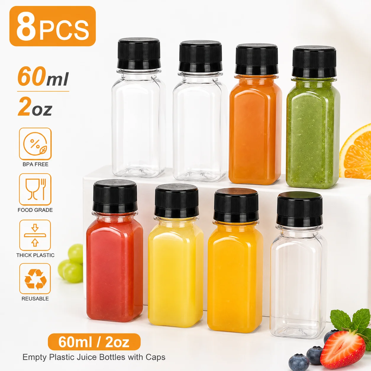 8PCS Clear Mini Storage Bottles with Lids, 60ml Portable Drink Containers for DIY Beverages Smoothie Prep Party Supplies