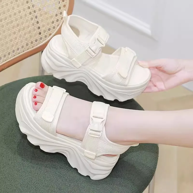 

2025 Summer Sporty Wedge Sandals for Women New Platform High Heel with Buckle Solid Color Thick Sole Casual Footwear