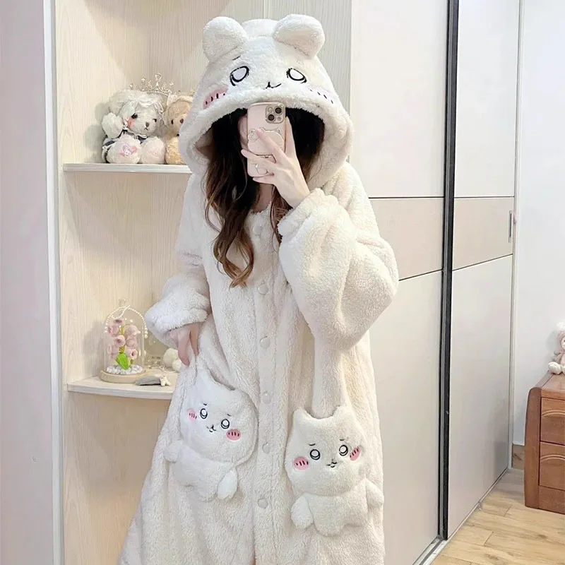 Anime Chiikawa Korallen-Samt-Pyjama, Niedlicher Hachiware Usagi Samt-Bademantel, Kawaii Langer Hoodie, Loungewear, Warme Damen-Hauskleidung