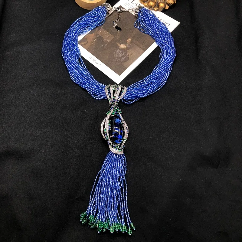 Multi-layered rice beads beaded long pendant necklace brooch inlaid zircon tassel medieval versatile