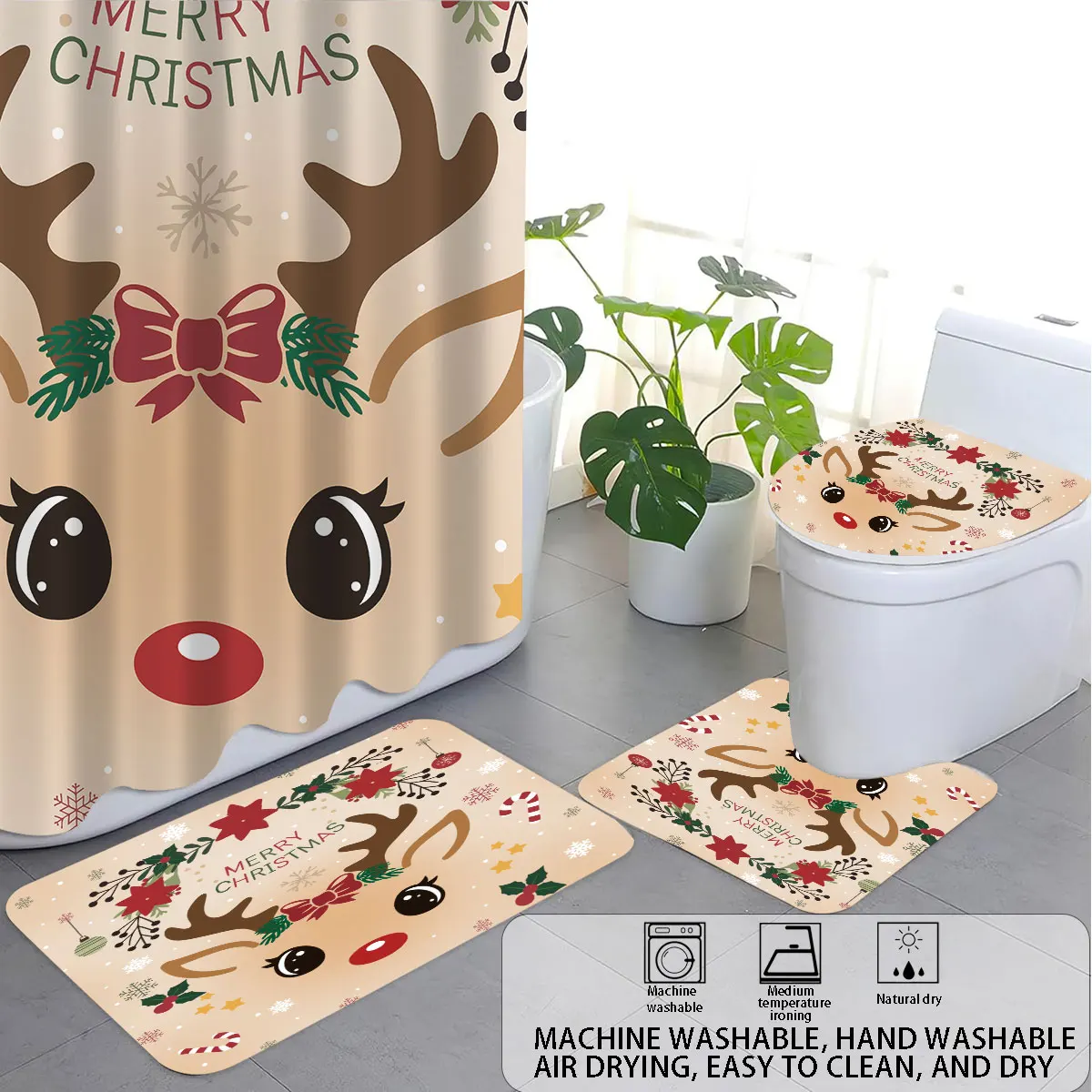 

4 шт., рождественский набор для ванной комнаты с принтом оленей, водонепроницаемая занавеска для душа с 12 крючками, напольный коврик, сиденье для унитаза, U-образный коврик