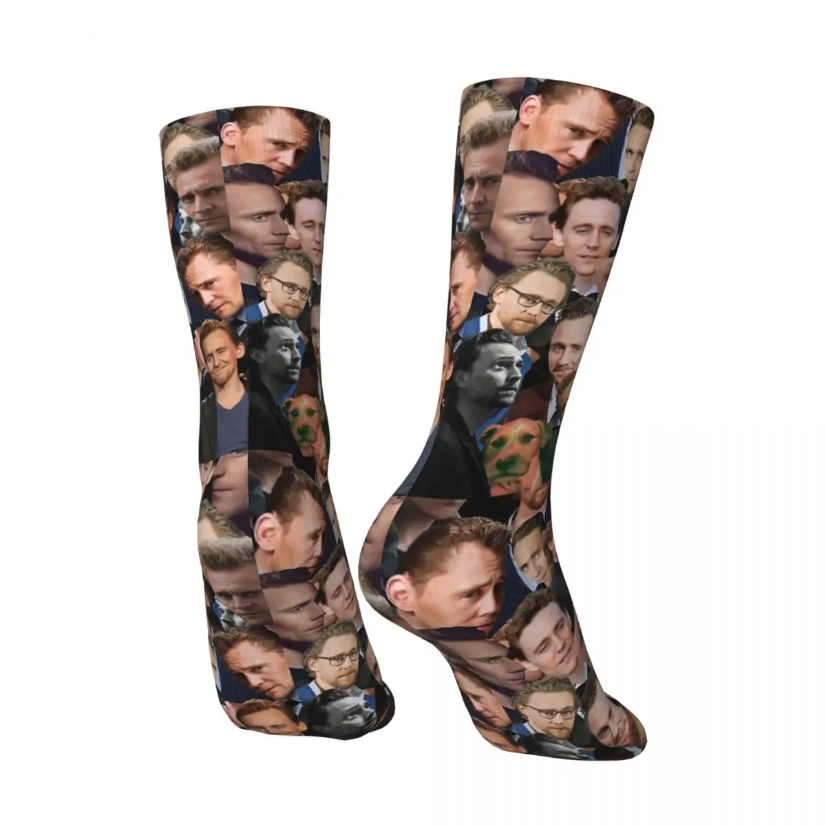 Funny Crazy Sock for Men Tom Hiddleston Photo Collage Hip Hop Harajuku Meme Happy Seamless Pattern Printed Boys Crew Sock