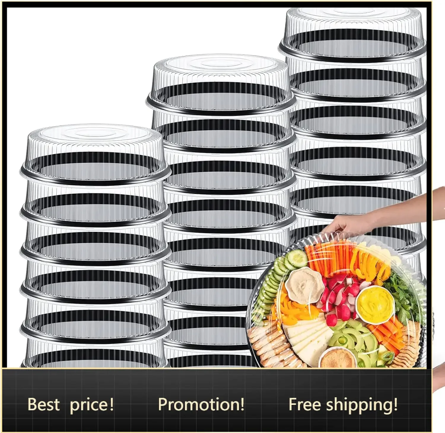 24 Pack Round Serving Trays with Lid 16 Inch Trays for Serving Food,Large Catering Tray Black Plastic Party Platters