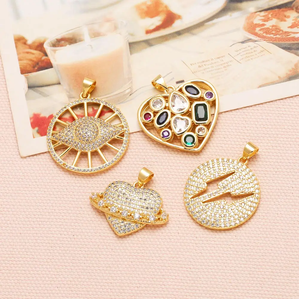 OCESRIO White Crystal Heart Planet Pendant For Necklace Copper Gold Plated Evil Eye Lightning Jewelry Making Component Pdta891