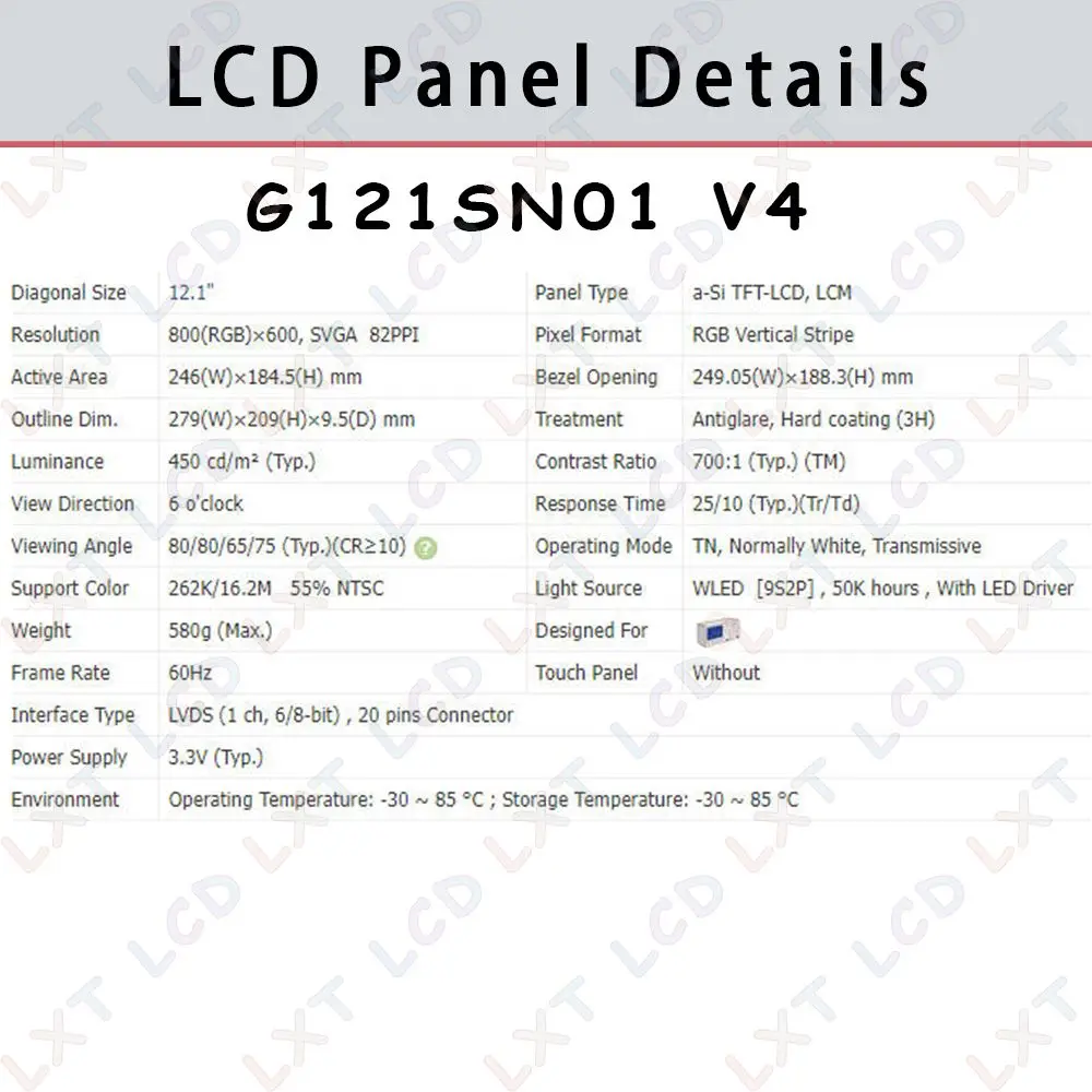 LCD Screen Display Panel For AUO G121SN01 V4 G121SN01 V.4 Original 12.1 Inch LCD Panel Display 800x600 G121SN01 V4 Dropshipping