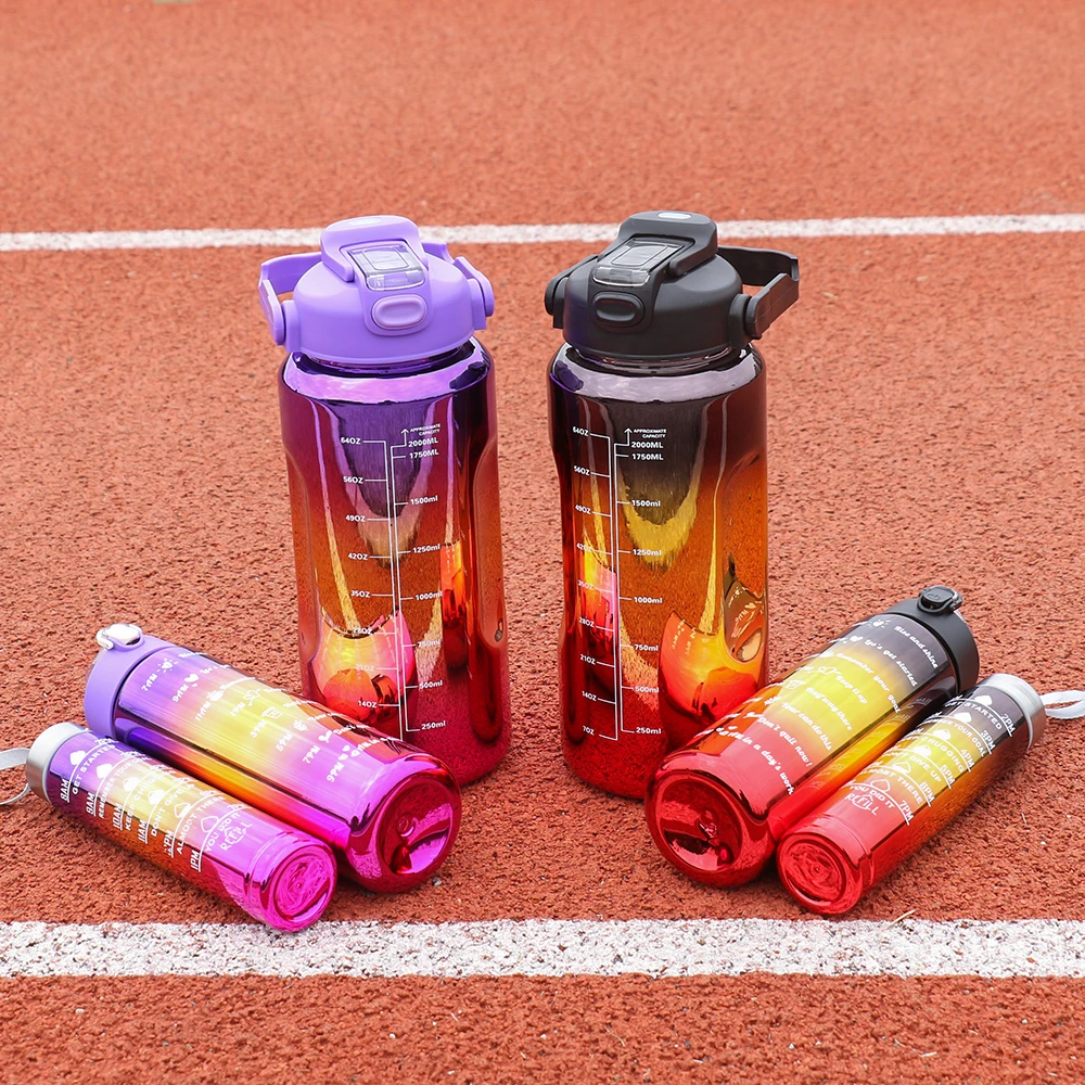 3 pcs of leak proof electroplated gradient sports water bottles with straws and time markers - Perfect for offices, schools,