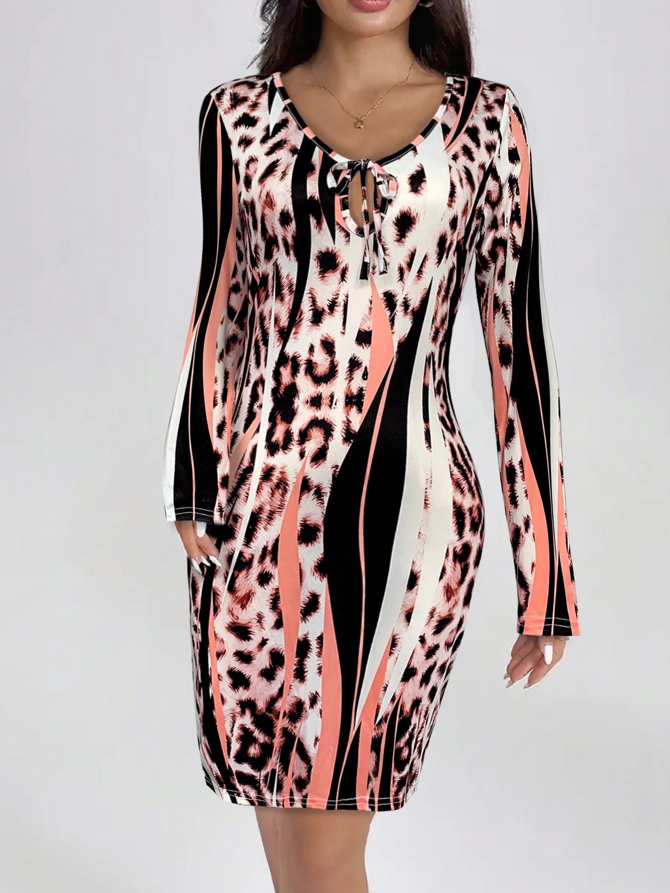 Women V Neck Front Tie Cutout Bodycon Dress Long Sleeve Leopard Stripe Print Slim Party Club Dresses Standard Size