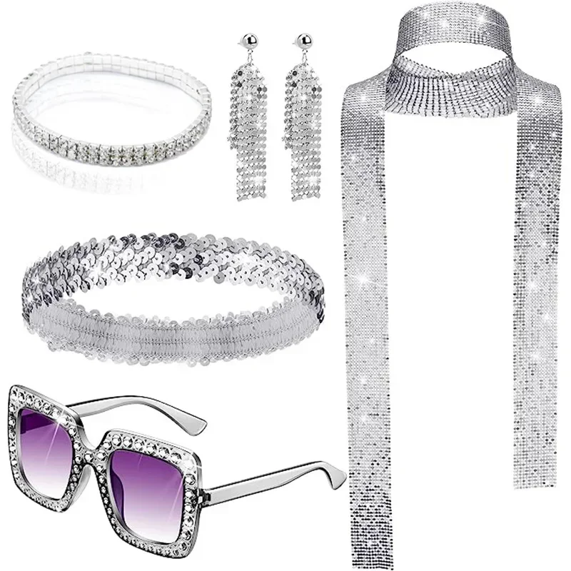 NebulaGlam Set Accesorios Discoteca Años 70 - Gafas Diamantes, Collar Bufanda, Pendientes Lentejuelas Y Diadema Purpurina Para Fiesta Retro