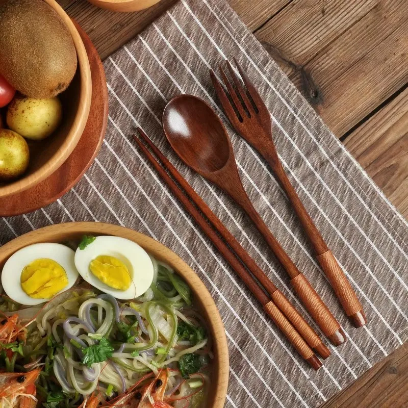 Handmade Japanese Natural Wood Chopstick Spoon Fork Tableware Set Rice Soup Bamboo Utensil Home Kitchen Dinnerware Suit