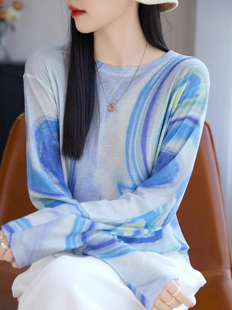スリムフィット ロングスリーブ ラウンドネック ニットトップ ファッションプリント 薄型デザイン 日焼け防止 ベースレイヤー Tシャツ 水溶性リング