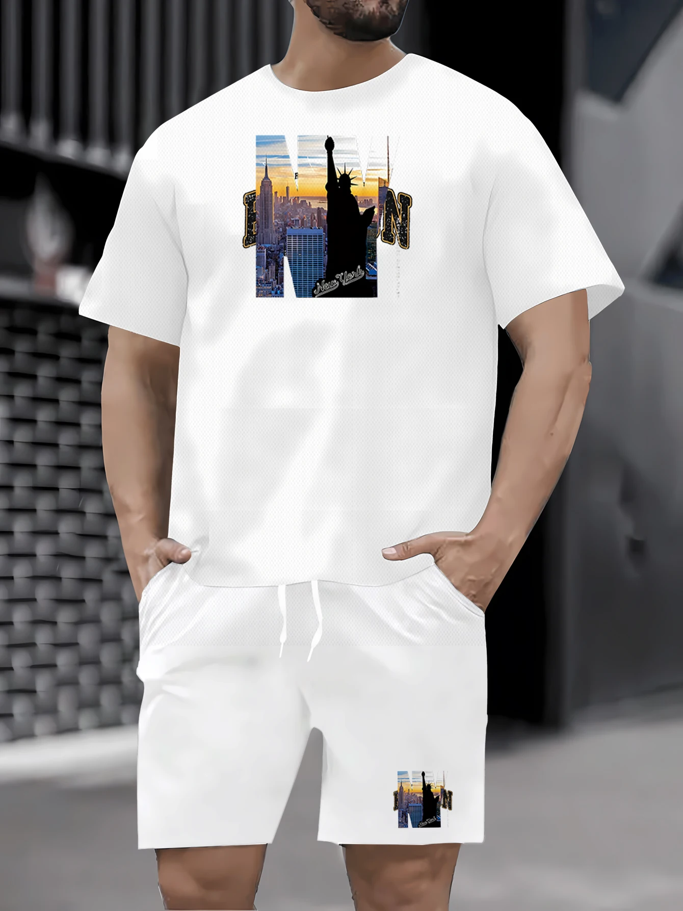 Sommer neues lässiges zweiteiliges Rundhals-Kurzarm-T-Shirt für Herren und Shorts mit Kordelzug, gestrickte Outdoor-Sportbekleidung