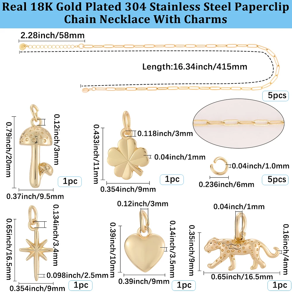 1 Box 5Pcs 16.34 inch 304 Stainless Steel Paperclip Chain Necklace for Women 18K Gold Plated Brass 5 Style Heart Mushroom Clover