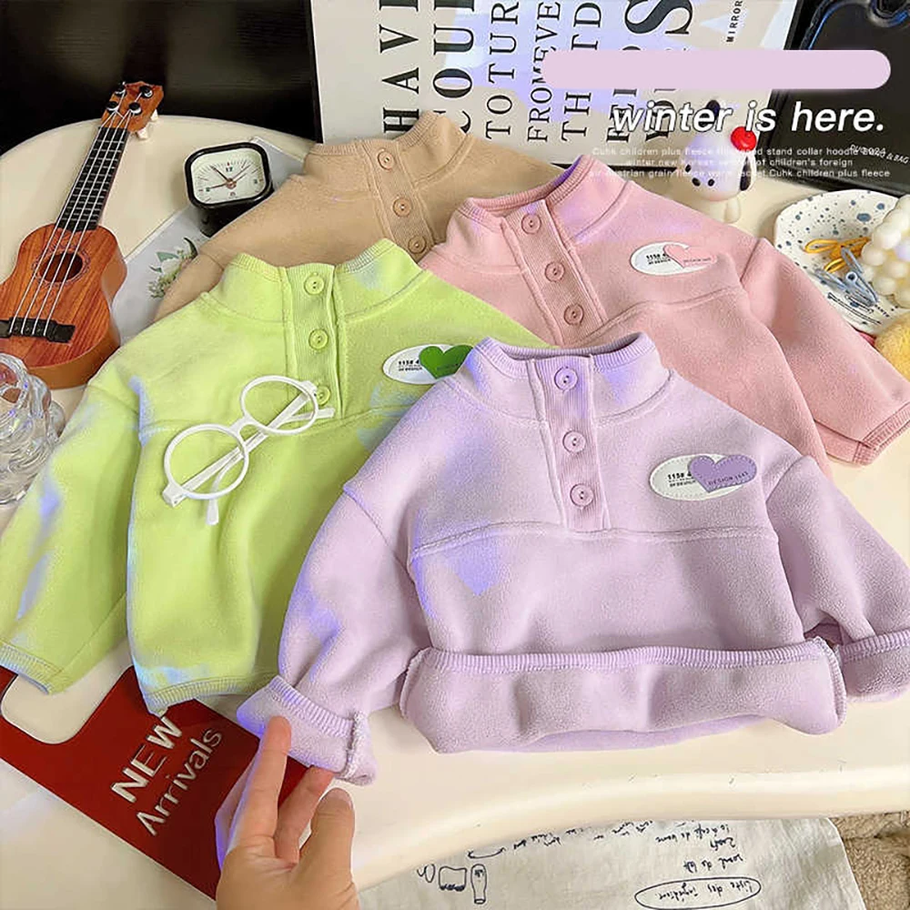 Warm Polar Fleece Coats for Kids Spring Girls Boys Stand Collar Velvet Jackets Button Pullover Sweatshirts Tops Children Clothes