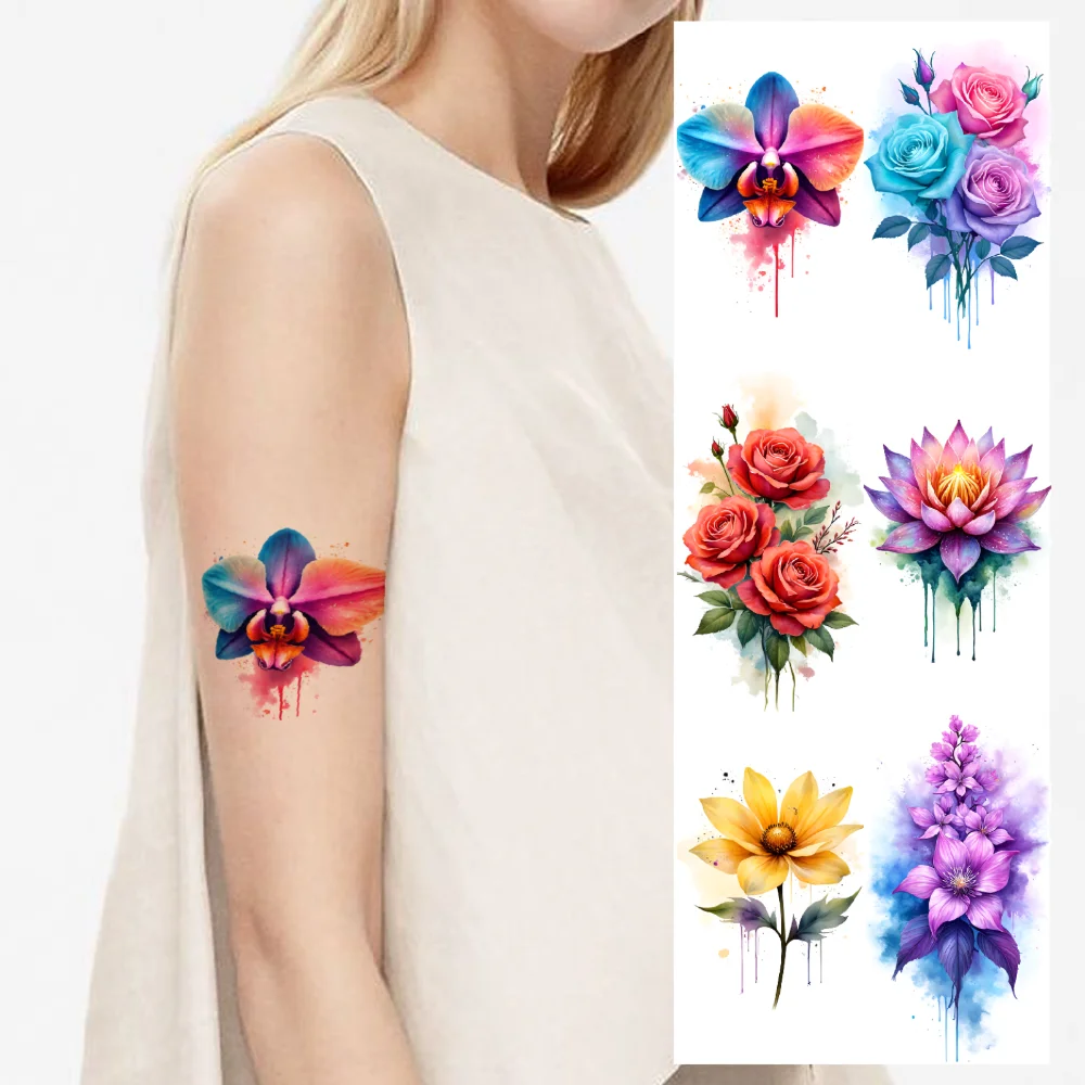 

9pcs Temporary Tattoo Watercolor Decorative Flowers Tulips Sunflowers For Shoulders Cheeks Children