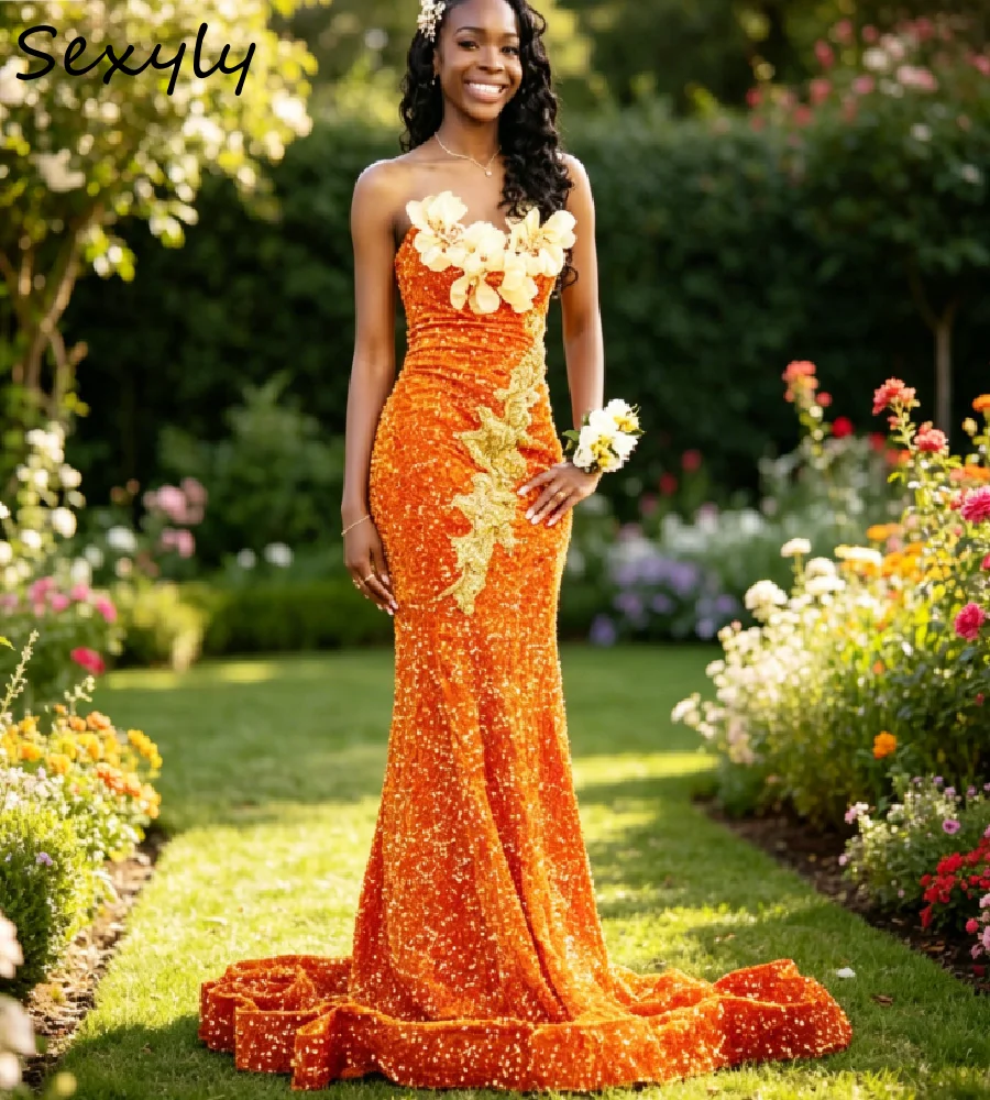 

Stunning Orange Sequined Mermaid Prom Dress 2026 Strapless 3D Gold Flowers Aso Ebi Evening Dresses Sparkly Black Girls Formal