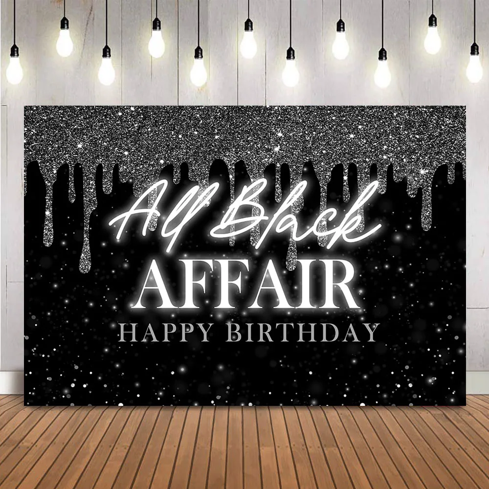 All Black Affair Happy Birthday Photo Background Sliver Gliter and Black Backdrop for Photo Studio Adult Theme Party Decoration