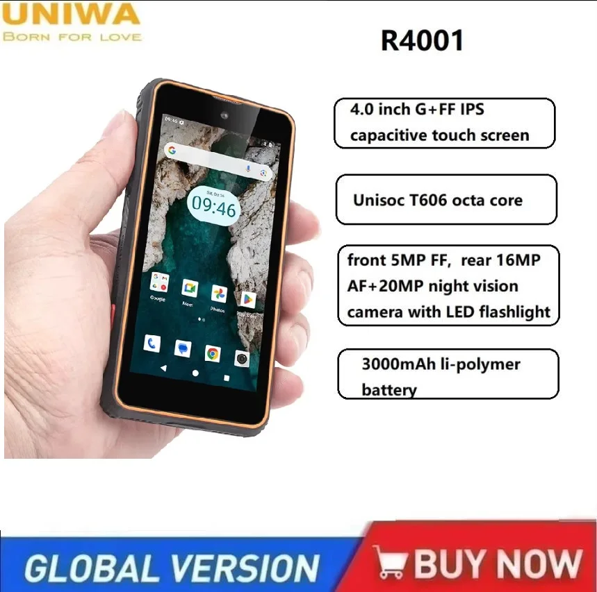 Прочные смартфоны UNIWA R4001, 4G, Android 14, восьмиядерный процессор, 4 грамма + 64 грамм, 4,0-дюймовые мобильные телефоны, 3000 мАч, 16 МП, NFC, сотовый телефон