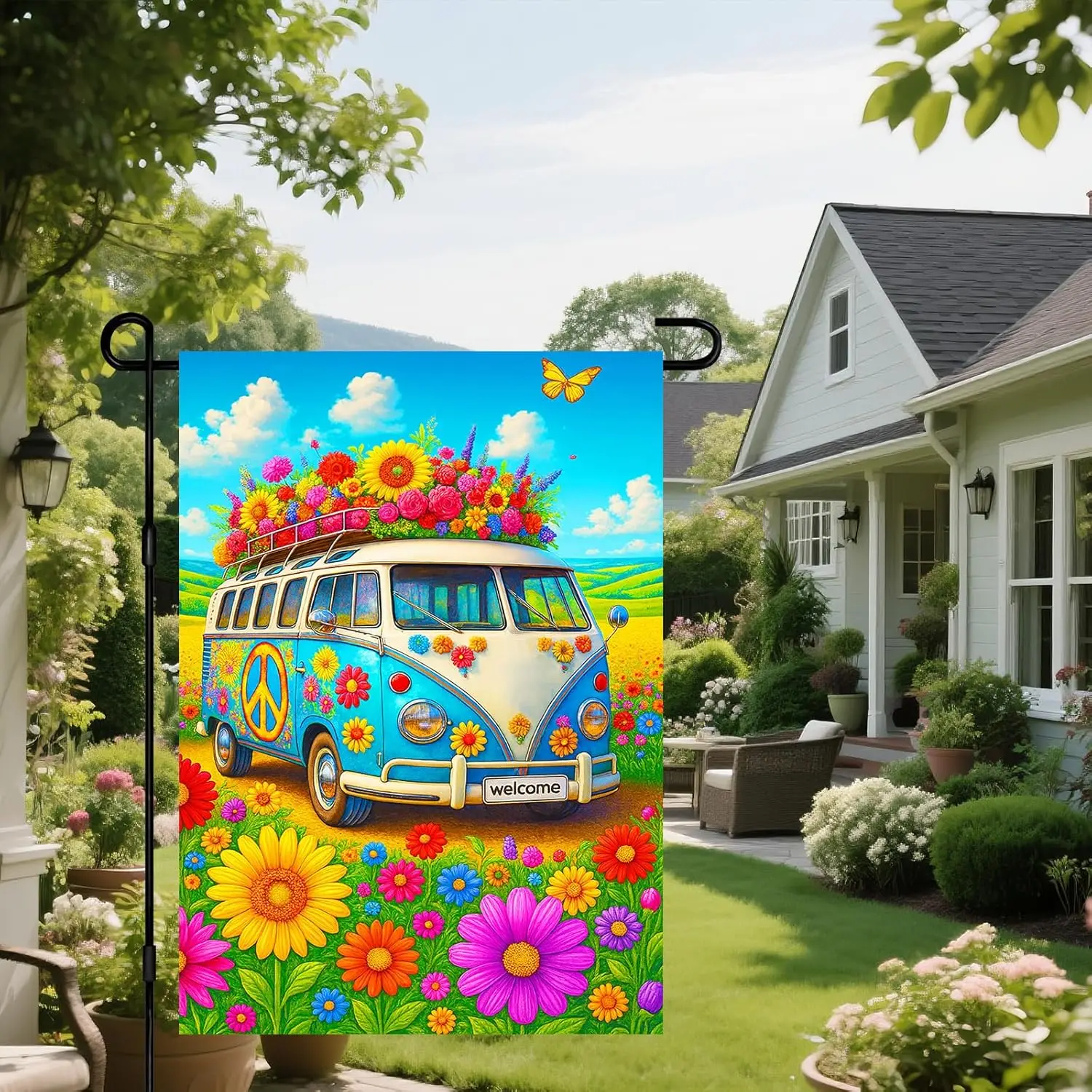 IVN Spring Summer Garden Flag 12x18 Inch Double Sided Hippie Van with Flowers Outdoor Yard Flag for Outside Home Front Door  SSL