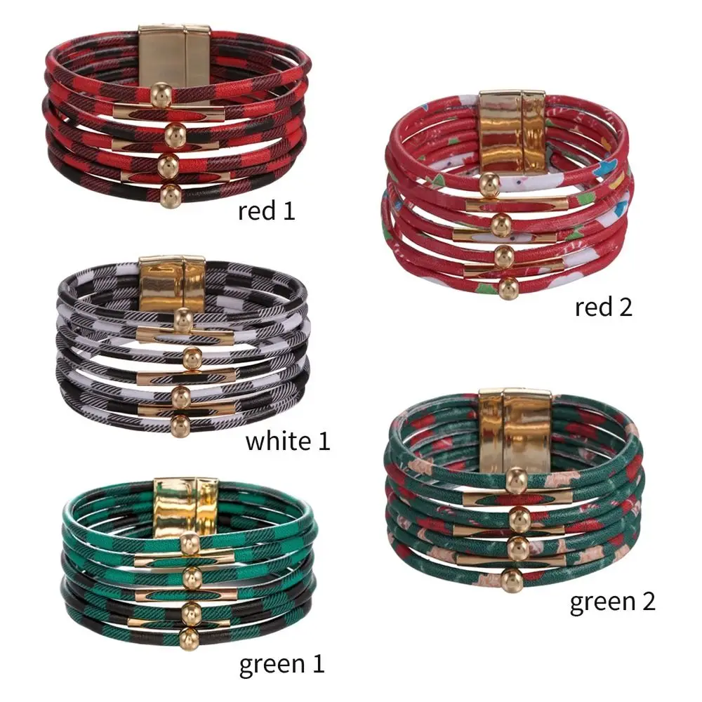 Multilayer Leather Bangle Floral Print Checkered Print Magnetic Clasp Bracelet Jewelry Accessories Wide Wrap Bracelet Daily Wear