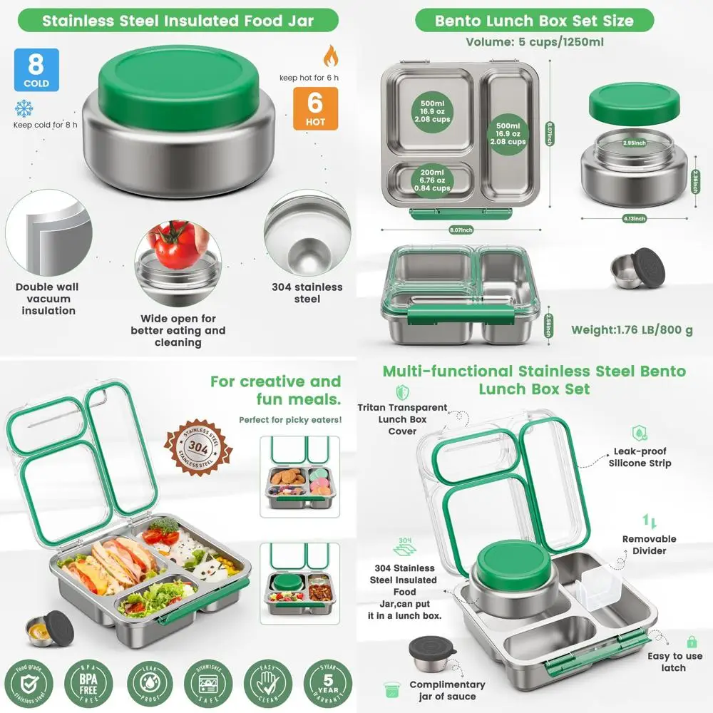 

Термо-суп на 7 унций, коробка для бенто из нержавеющей стали с 3 отделениями и прозрачной крышкой, изолированный контейнер для обеда для школы, без BPA, G