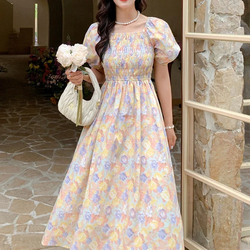 

2023 Summer Elastic Waist Square Collar Dress French Loose Folds Floral Dress Vintage Puff Short Sleeve Flower Print Dress 27250