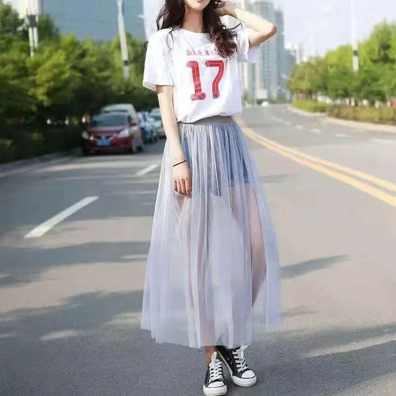 Women Perspective See-through Mesh Skirt Sexy Solid High Waist Skirts Fashion Black Female Skirts Single Layer Long Skirt Basics