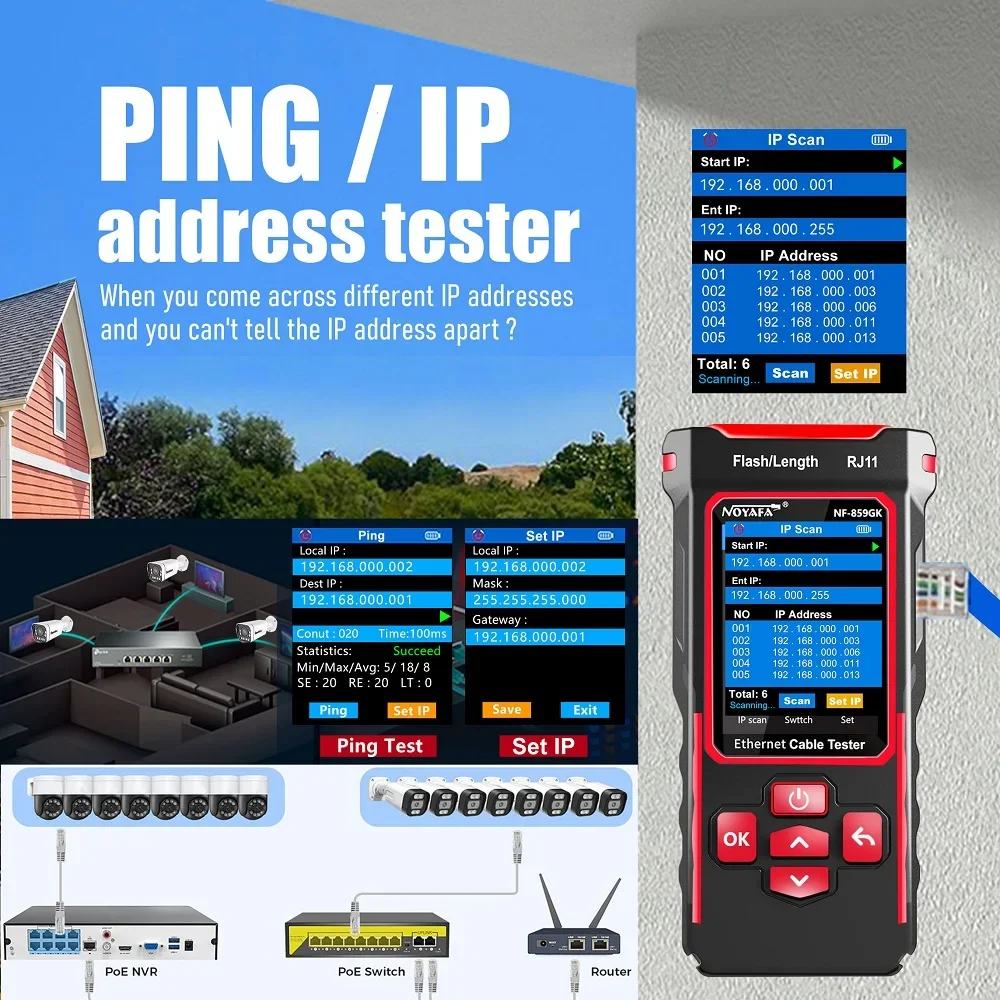 Probador de red buscador de línea de NF-859GK, luz roja, longitud de prensado de un solo cabezal, punto de interrupción, escaneo IP, circuito de tipo de carga PING