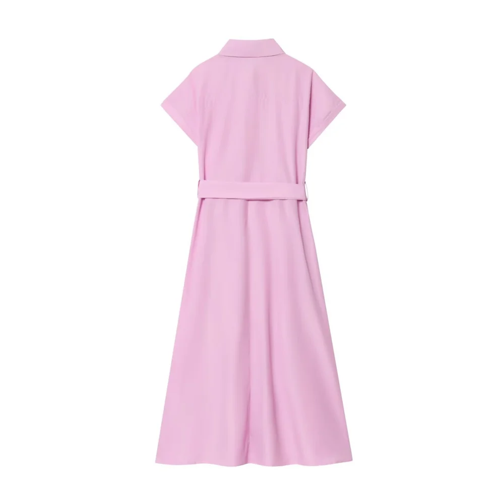 فستان نسائي جديد بقصة ضيقة وزخرفة حافة مطوية، يتميز بياقة بأكمام قصيرة مع حزام وفستان #2