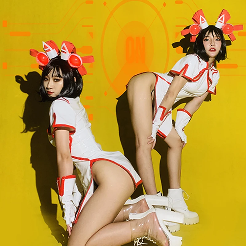 Chinese Style Cheongsam Patent Leather Dress Sexy Gogo Jazz Dancing Stage Costume Nightclub Wear Party Festival Clothes