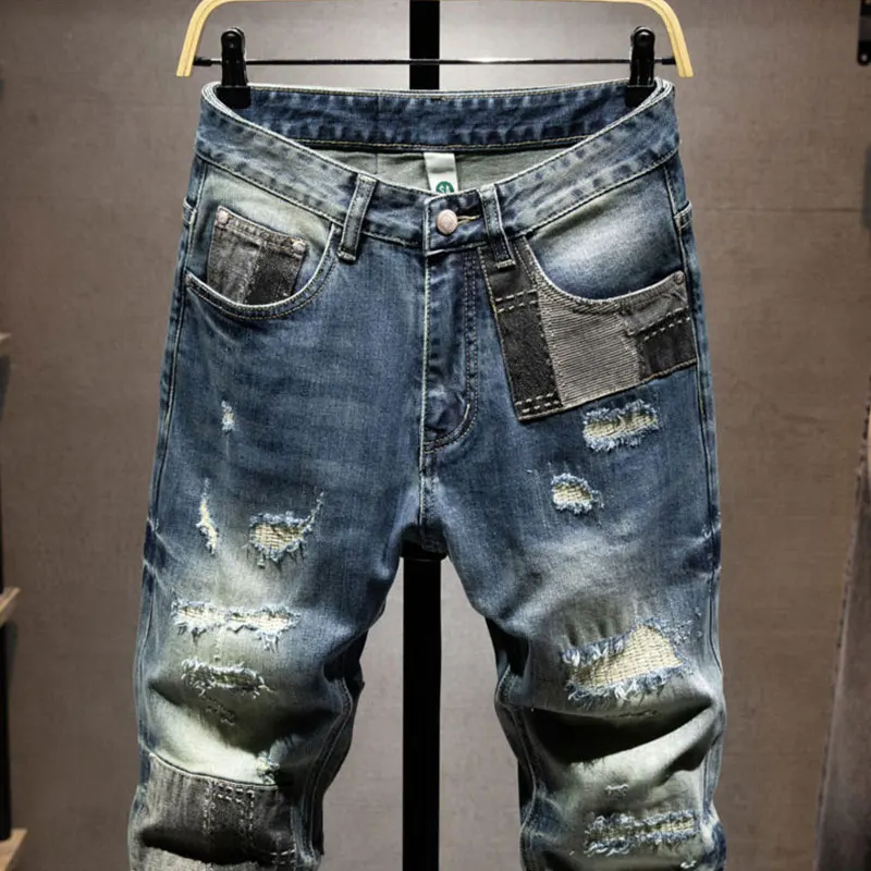 Y2k designer fashion new high-quality men's jeans, scratch washed, nostalgic stretch, slim fit, retro blue jeans, high street hi