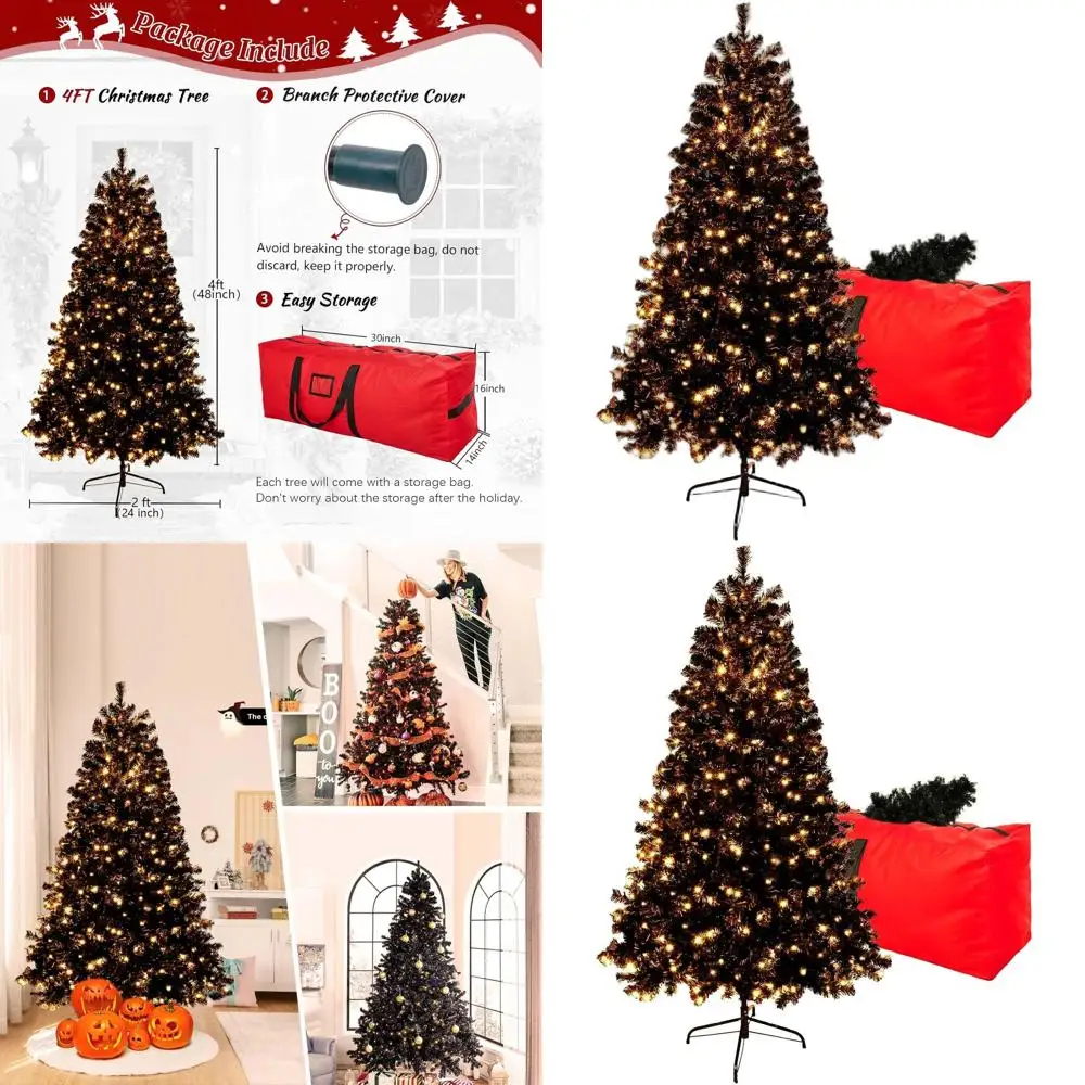 

4ft Black LED-lit Artificial Christmas Tree with 150 Lights, 450 Branch Tips, Foldable Stand