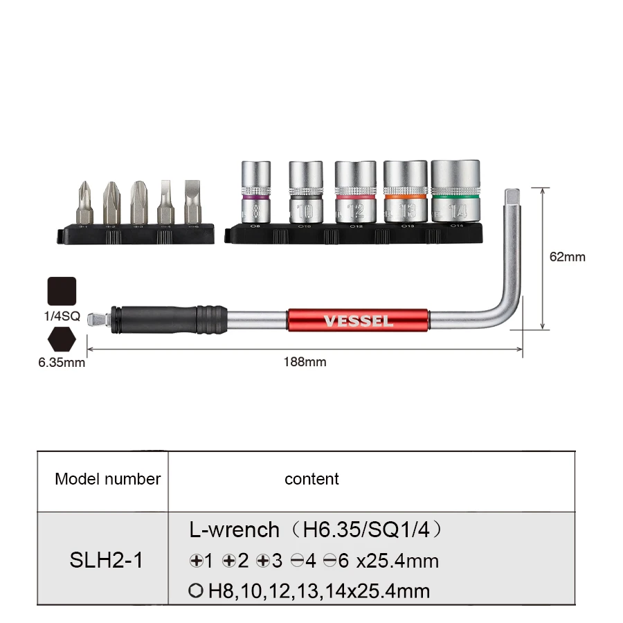 Vessel 2Way L Type 1/4 Hexagonal Screwdriver Bit 90° Dual Head Handle 6.35mm Wrench Slide Back and Forward Rotatable Handle