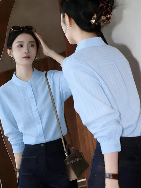 

Синяя хлопковая блузка для женщин, модная, на одной пуговице, из чистого хлопка, в корейском стиле, прямого кроя