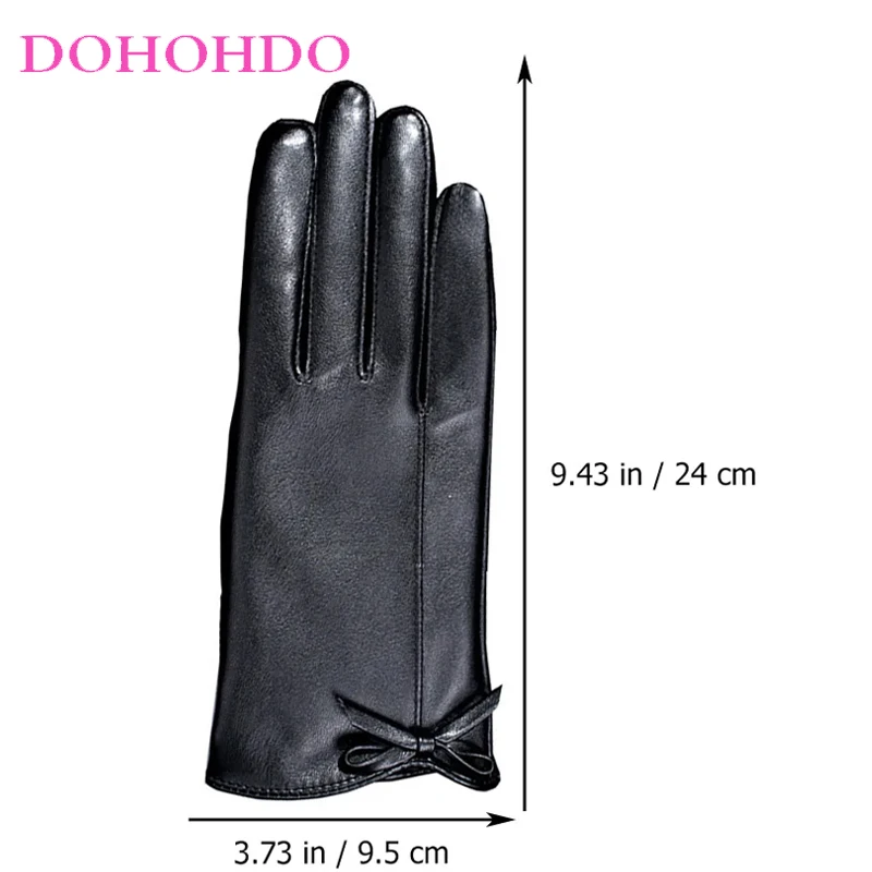 2026 السيدات شاشة تعمل باللمس الأسود بولي Leather الجلود الشتاء زائد المخملية الدافئة الدراجات في الهواء الطلق القيادة لطيف القوس قفازات امرأة قفازات جلدية