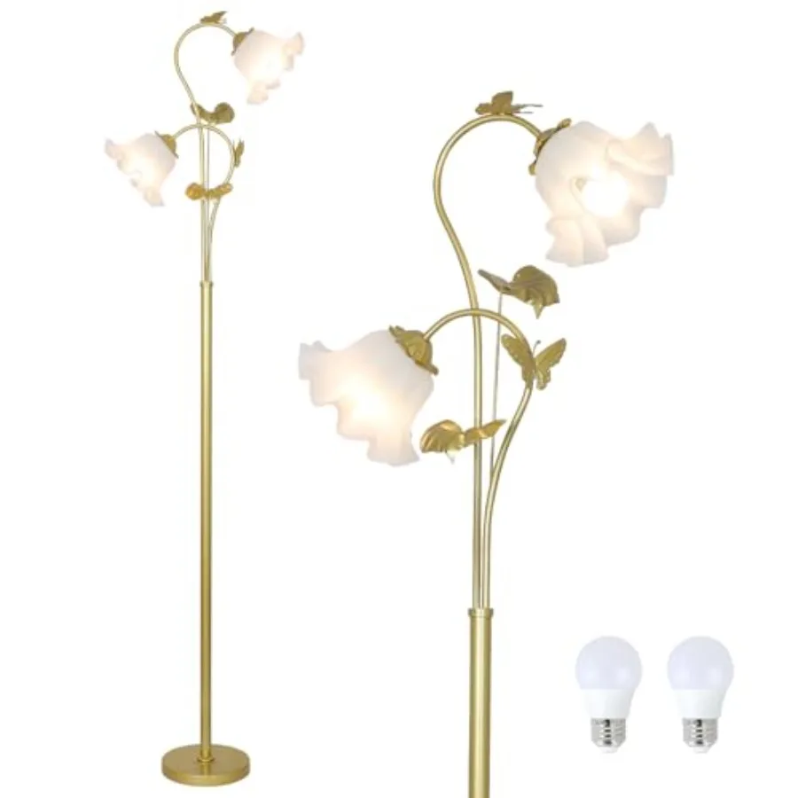 

Floor Lamp for Living Room, Flower Standing Lamp with 2 LED 5W Blubs, Feet Switch, Floral Tall Lamp with Acrylic Shade, Antique