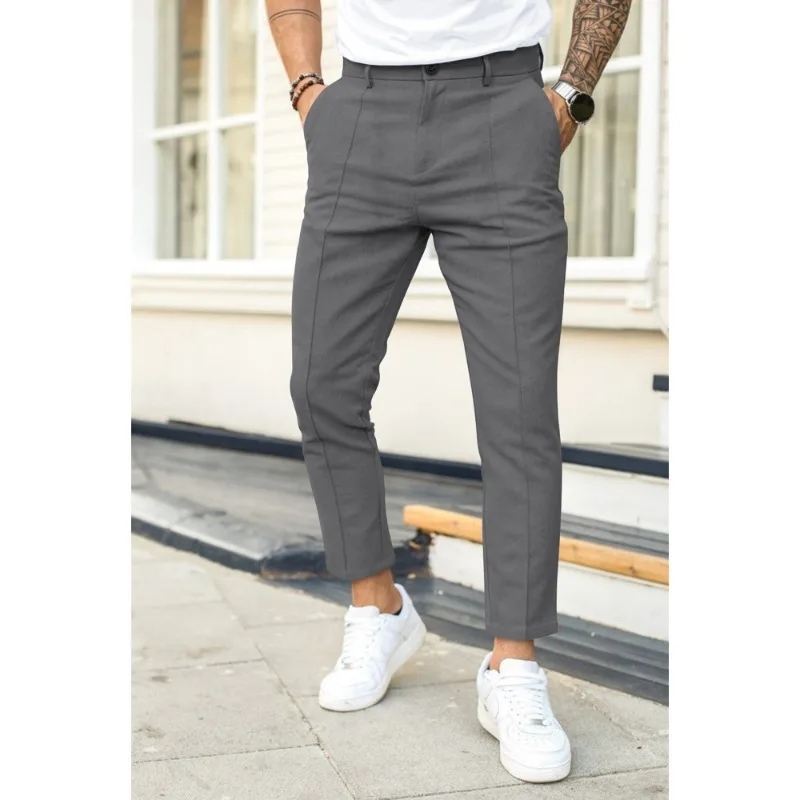 Men's Slim Fit Dress Pants Solid Color Casual Trousers with Double Line Detail