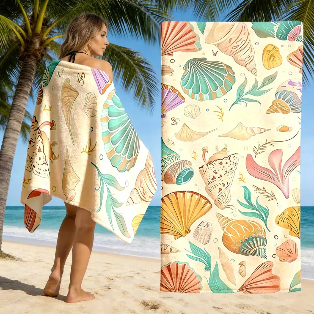 1pc Coastal Seashell Beach Towel Suitable for Pool, Surfing, Travel- Quick-Dry Microfiber with Seashell Print, Compact