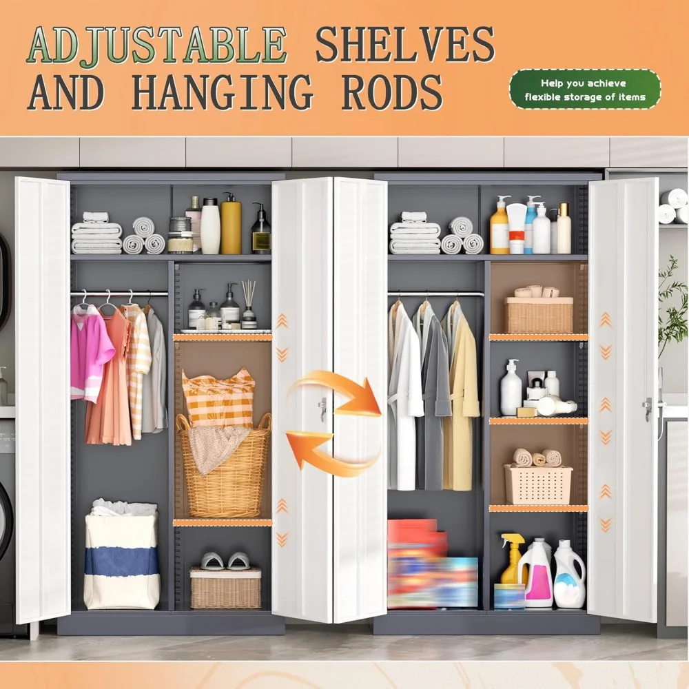 خزانة ملابس معدنية مع قفل، 72 قضيب تعليق ومنظم خزانة أرفف قابلة للتعديل
