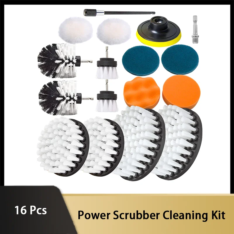 16Pcs Power Scrubber Cleaning Kit with Clean Brushes Extension Attachment Scouring Pad Sponge Pads for Cleaning Bathroom Kitchen