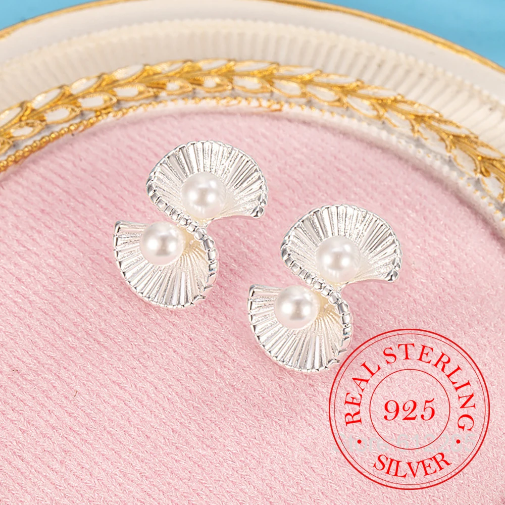 

925 Sterling Silver Vintage Scalloped Pearls Stud Earrings For Woman Christmas Gift Piercing Jewelry Aretes De Mujer Party Gifts