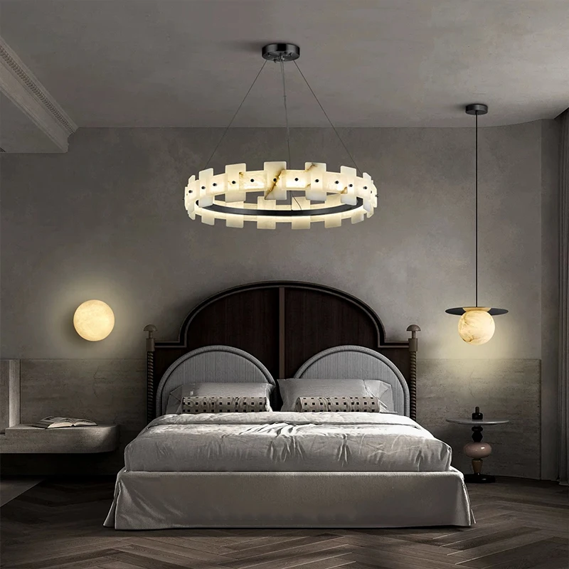 Luxury Spanish Imported Marble Chandelier 2025 Modern Brass Round Customizable Pendant Lamp Ceiling Light Villa